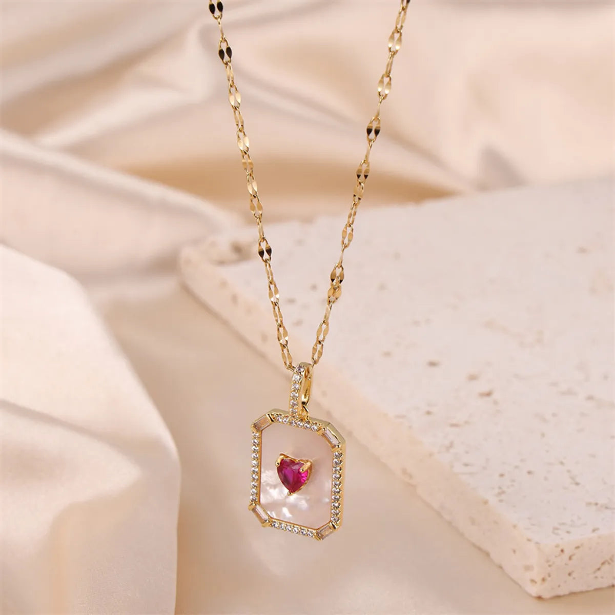 Adjustable pendant necklaces for women -Stainless Steel Titanium Steel Simple Style Heart Shape Rectangle Plating Inlay Natural Stone Shell Zircon Pendant Necklace