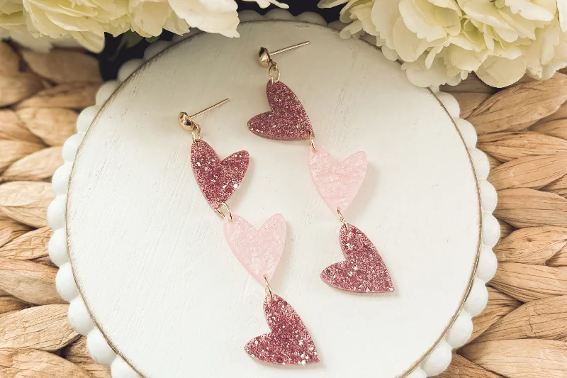 Stackable earrings for women -Adorable Pink Acrylic Heart Drop Earrings