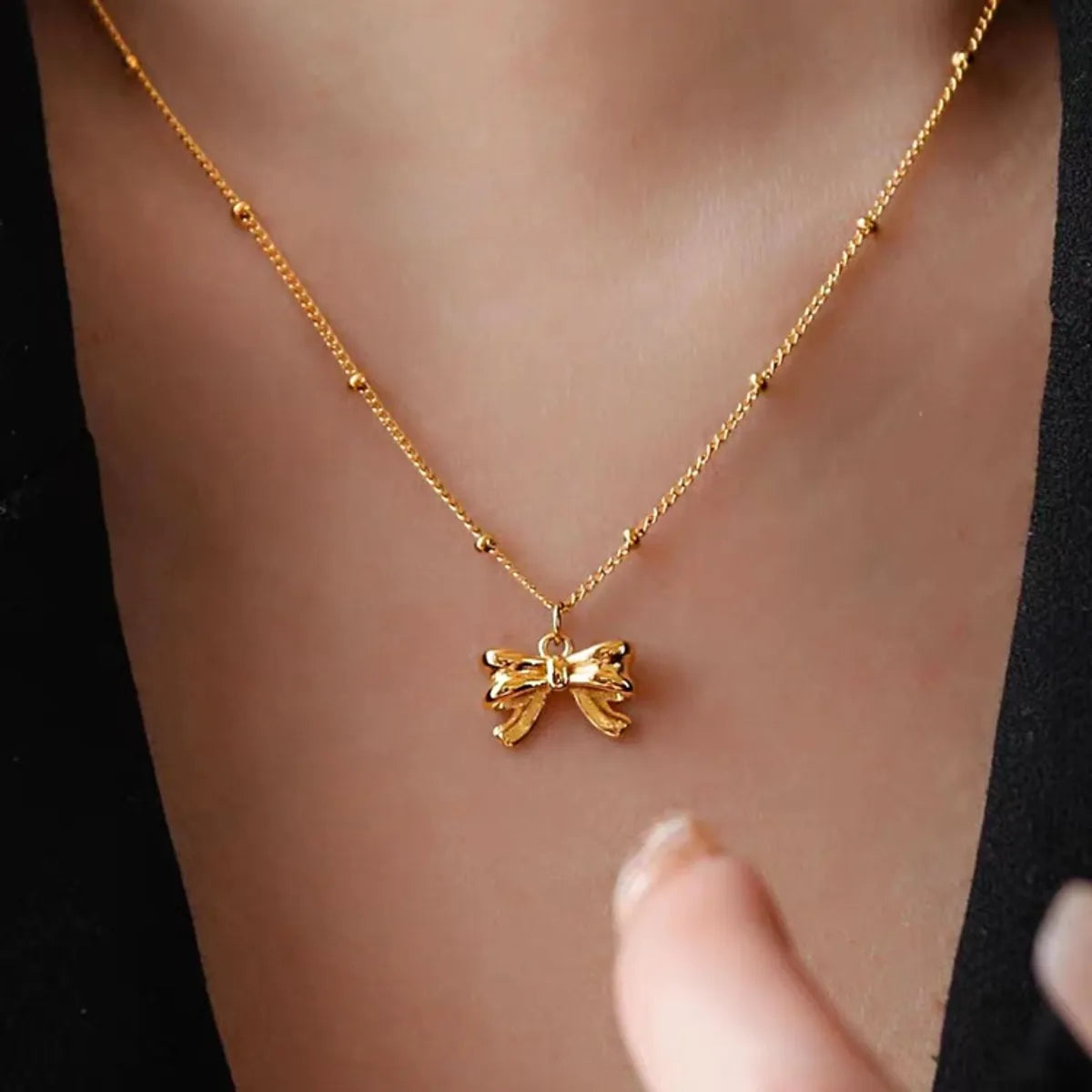 Modern necklaces for women -Titanium Steel Copper 18K Gold Plated Retro Bow Knot Pendant Necklace