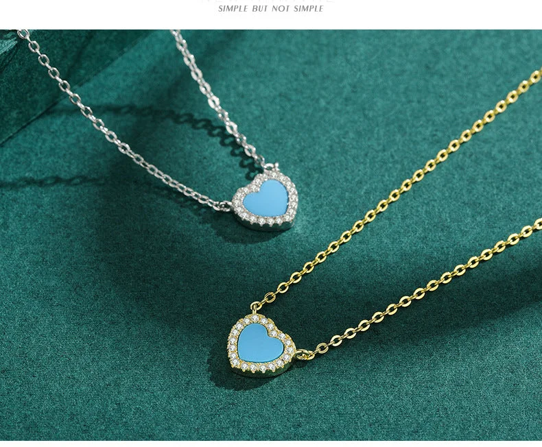 Initial necklaces for women -Fashion Heart Shape Silver Plating Inlay Turquoise Zircon Necklace 1 Piece