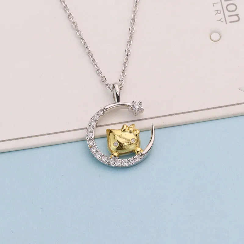 Vintage-inspired necklaces for women -Simple Style Star Moon Cat Copper Plating Inlay Artificial Diamond Gold Plated Silver Plated Pendant Necklace