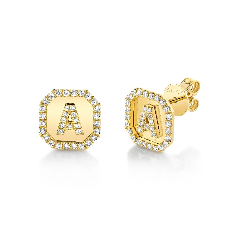 Oval earrings for women -MINI ME DIAMOND PAVE INITIAL NAMEPLATE STUDS