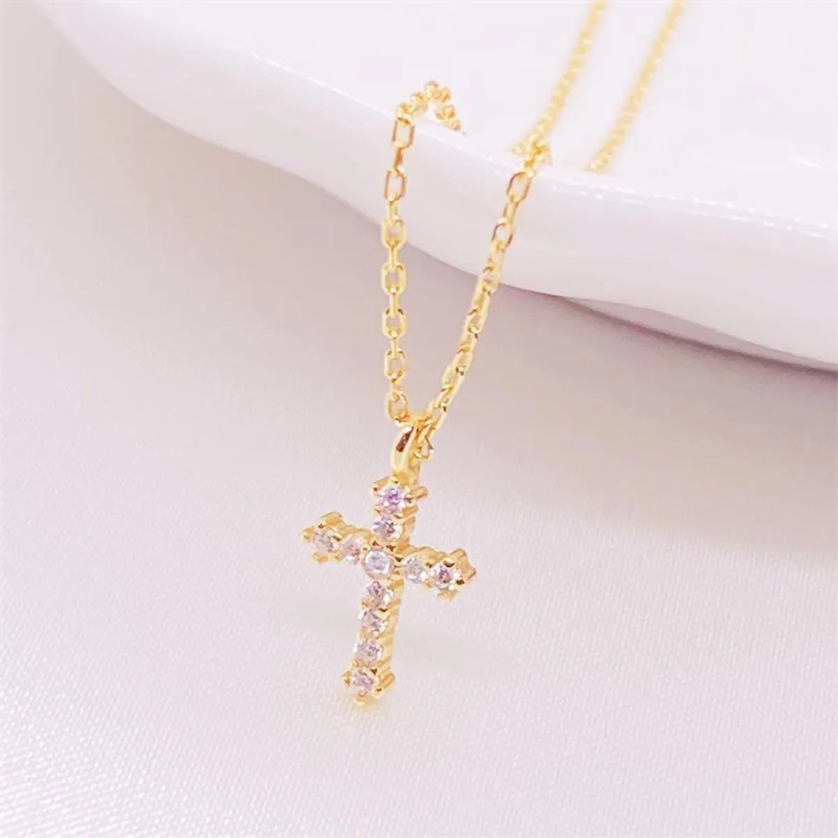 Bridal necklaces for women -Simple Style Classic Style Cross Sterling Silver Inlay Zircon Pendant Necklace