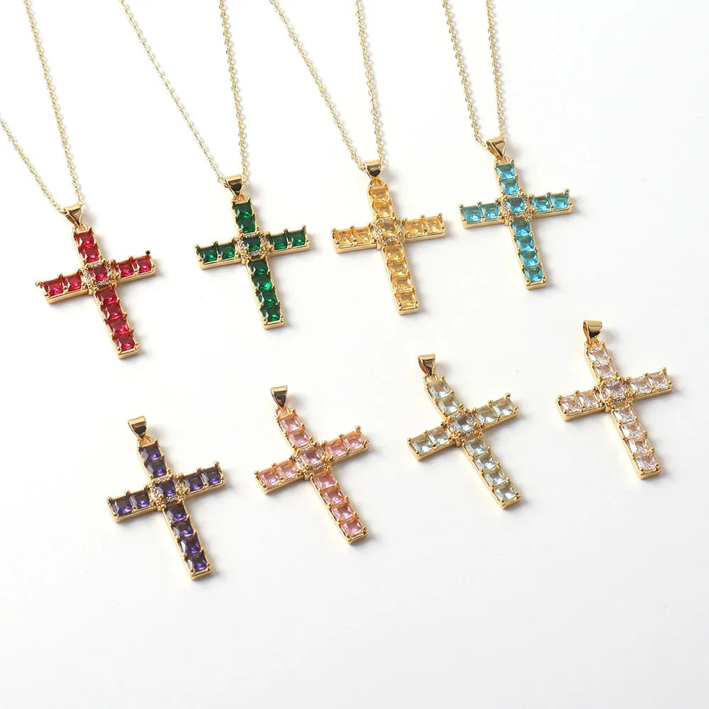 Romantic love necklaces for women -Copper Simple Style Classic Style Inlay Cross Rhinestones Pendant Necklace