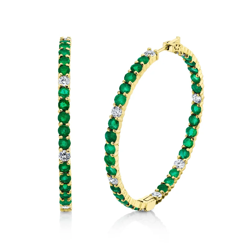 Hoop earrings for women -EMERALD & DIAMOND LARGE INSIDE OUT HOOPS