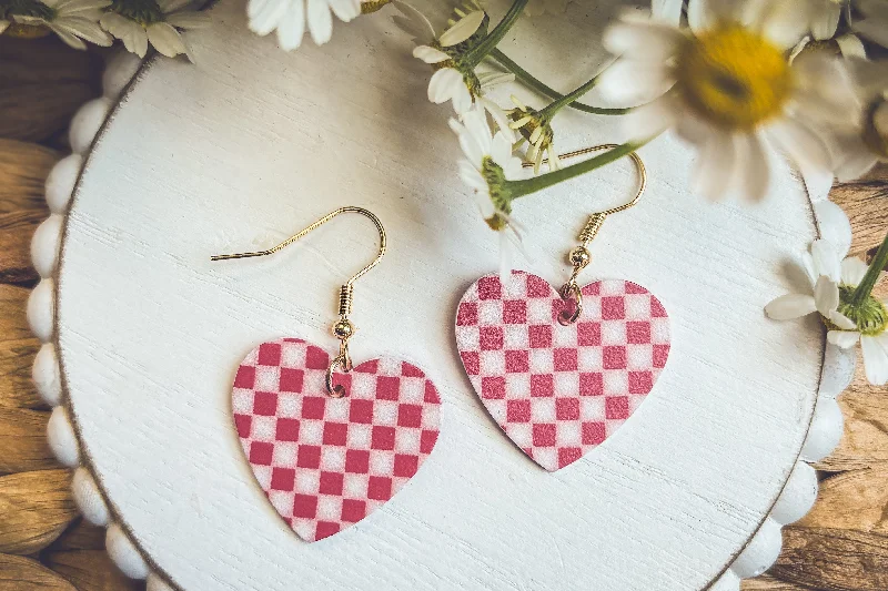 Custom diamond earrings for women -Adorable Red Checkered Heart Earrings