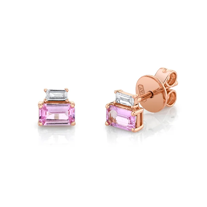 Natural gemstone earrings for women -DIAMOND & PINK SAPPHIRE TWO STEP STUDS