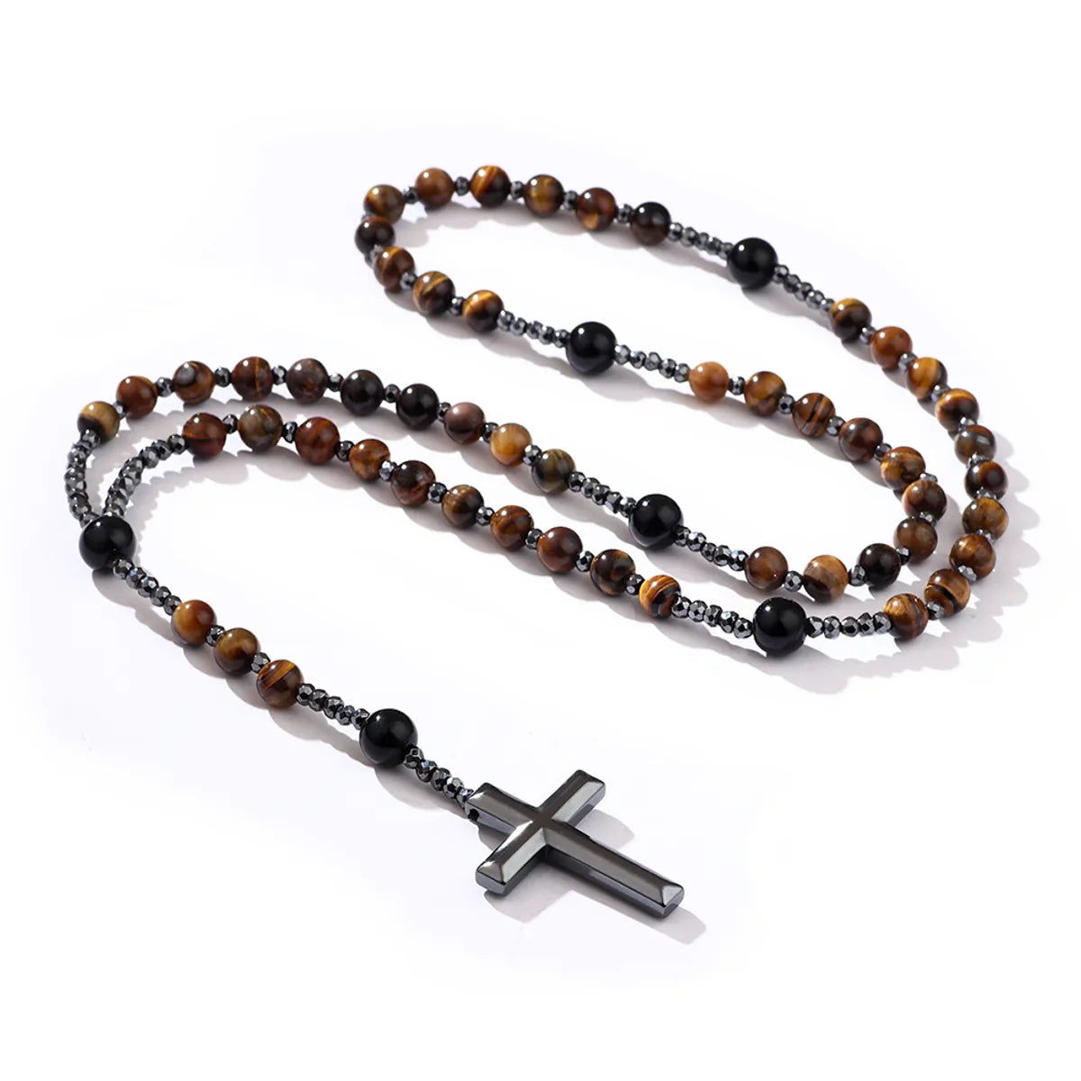 Sterling silver necklaces for women -1 Piece Fashion Cross Stone Tiger Eye Obsidian Beaded Unisex Sweater Chain