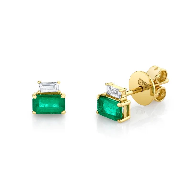 Designer hoop earrings for women -DIAMOND & EMERALD TWO STEP STUDS