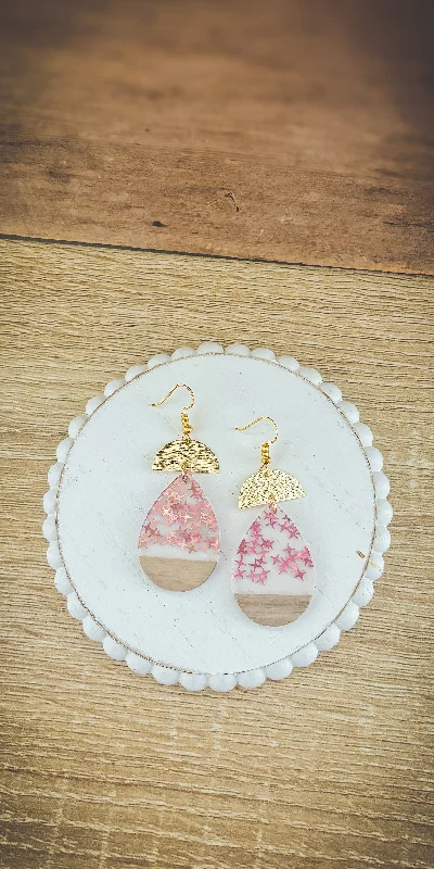 Natural gemstone earrings for women -Beautiful Wood and Pink Fleck Resin Earrings