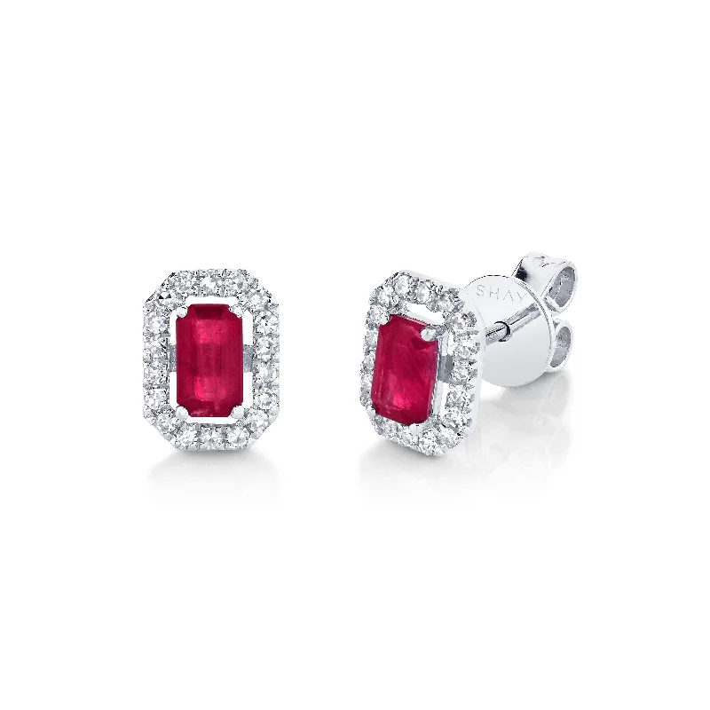 Wedding earrings for women -MINI ME DIAMOND HALO RUBY STUDS