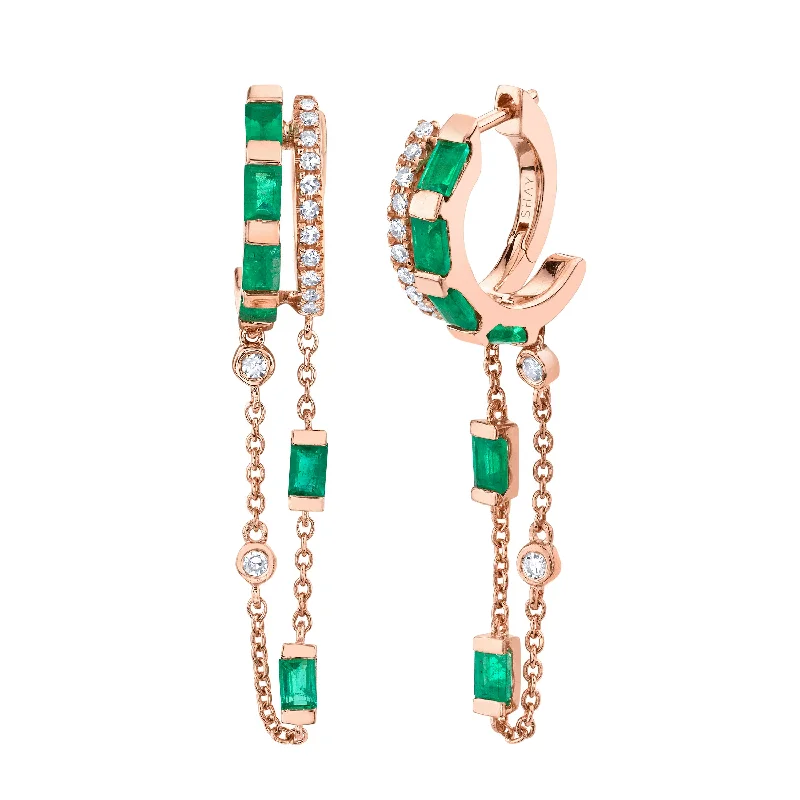 Vintage-inspired earrings for women -READY TO SHIP EMERALD & DIAMOND DOUBLE MIXED FRINGE HUGGIES