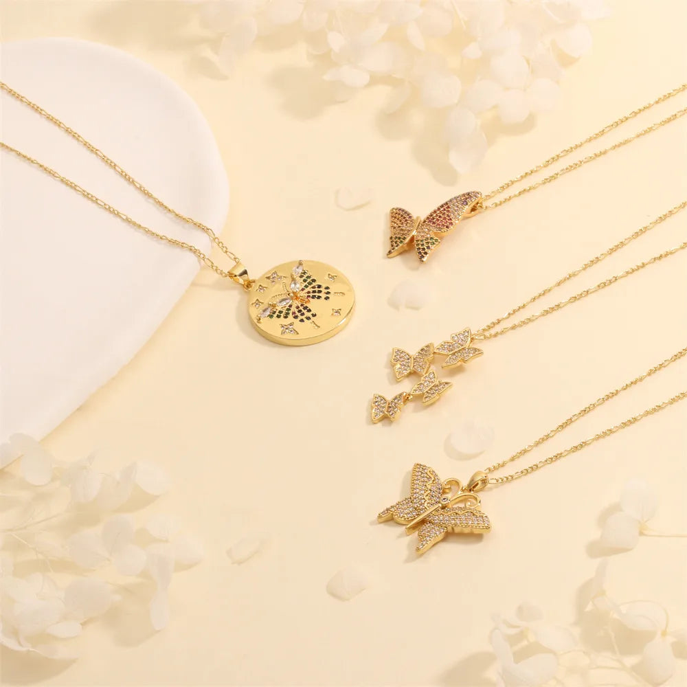 Dainty necklaces for women -Copper 18K Gold Plated Plating Inlay Butterfly Zircon Pendant Necklace