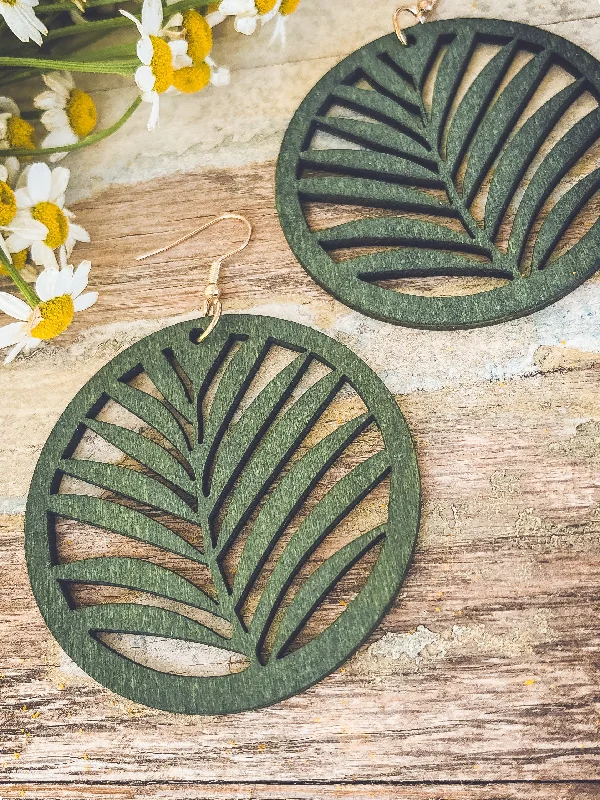 Cute earrings for women -Beautiful Large Green Wood Leaf Earrings