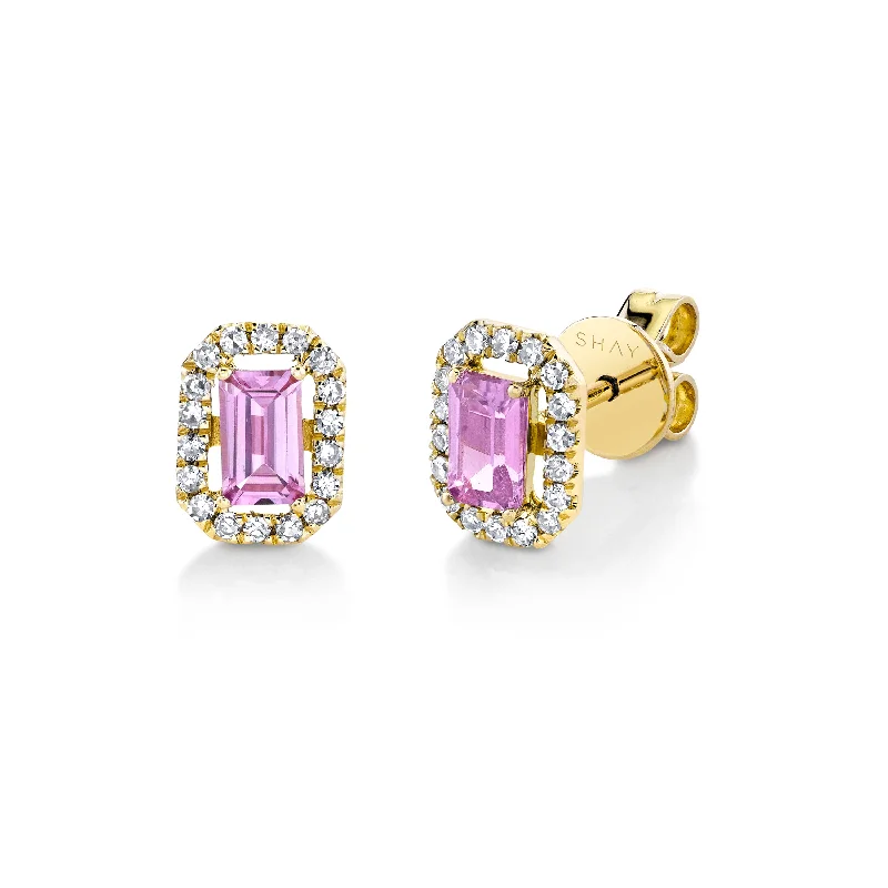 Elegant earrings for women -MINI ME DIAMOND HALO PINK SAPPHIRE STUDS