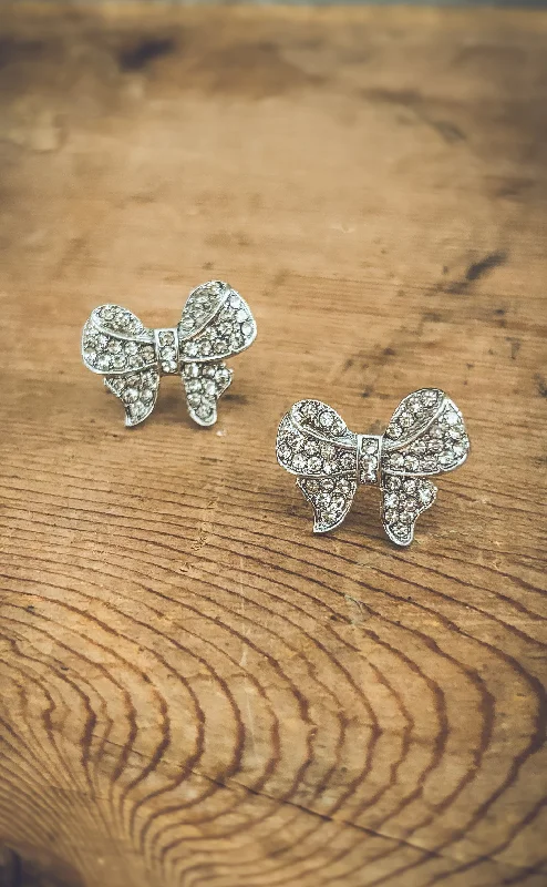 Drop earrings for women -Adorable Silver Rhinestone Bow Earrings