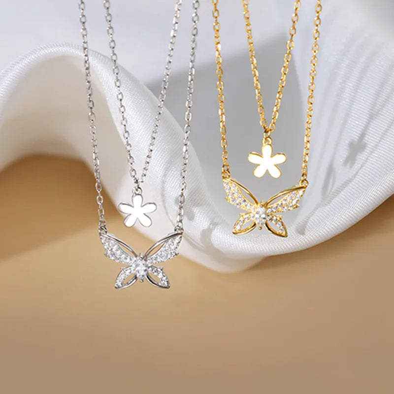 Gold necklaces for women -Copper Silver Plated Sweet Simple Style Plating Inlay Butterfly Zircon Layered Necklaces