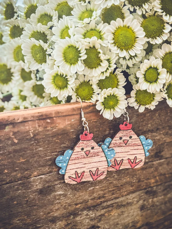 Studded earrings for women -Adorable Wood Chicken Earrings