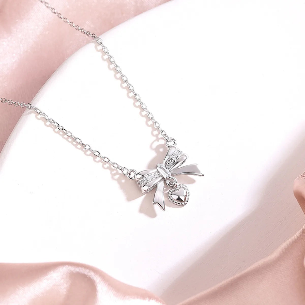 Vintage diamond necklaces for women -Sterling Silver Lady Heart Shape Bow Knot Pendant Necklace