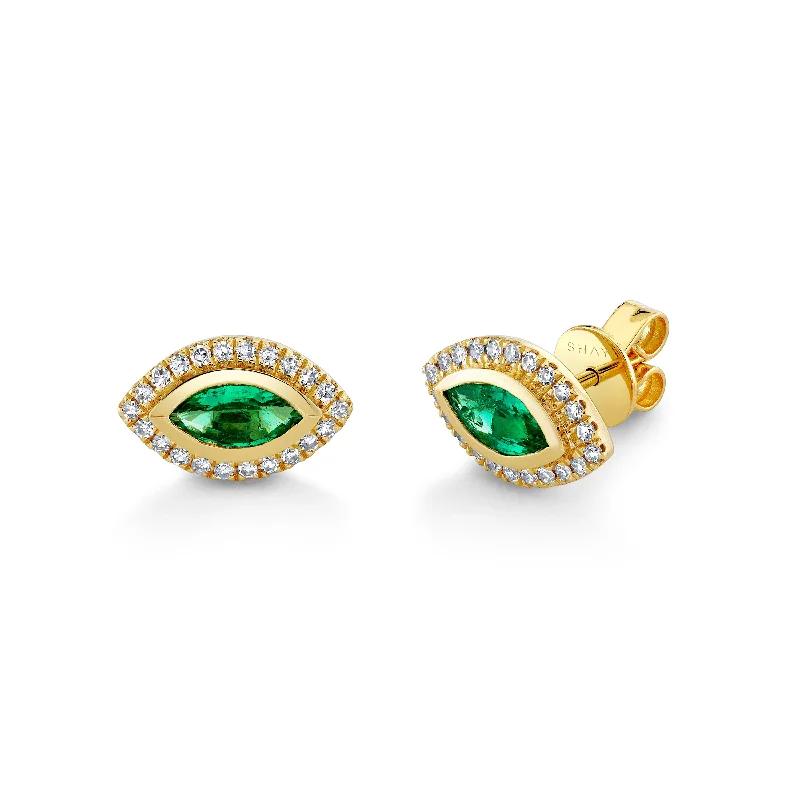 Gold dangle earrings for women -EMERALD MARQUISE HALO STUDS