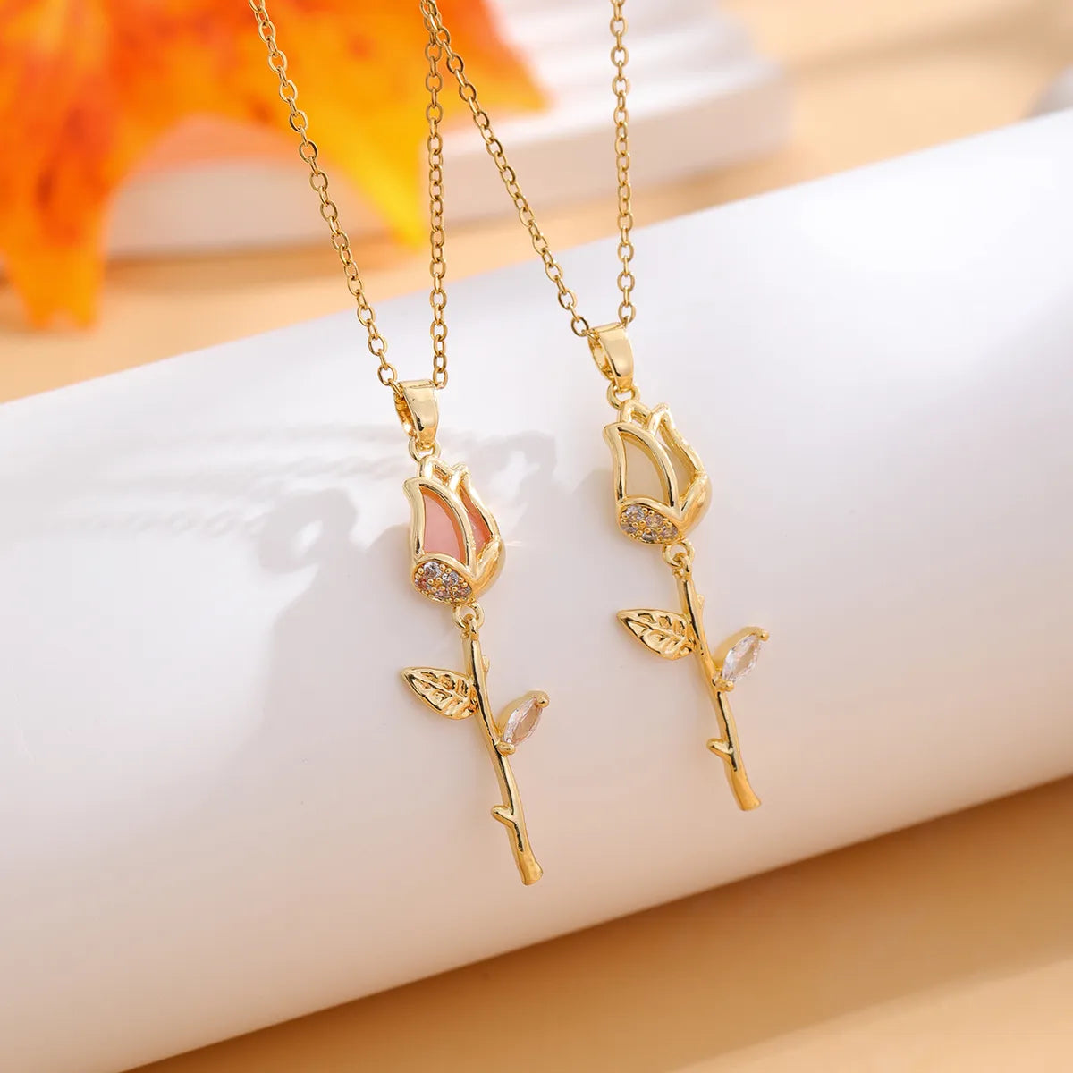 Heart-shaped necklaces for women -Casual Classic Style Tulip Stainless Steel Plating Inlay Rhinestones Opal Zircon Gold Plated Pendant Necklace