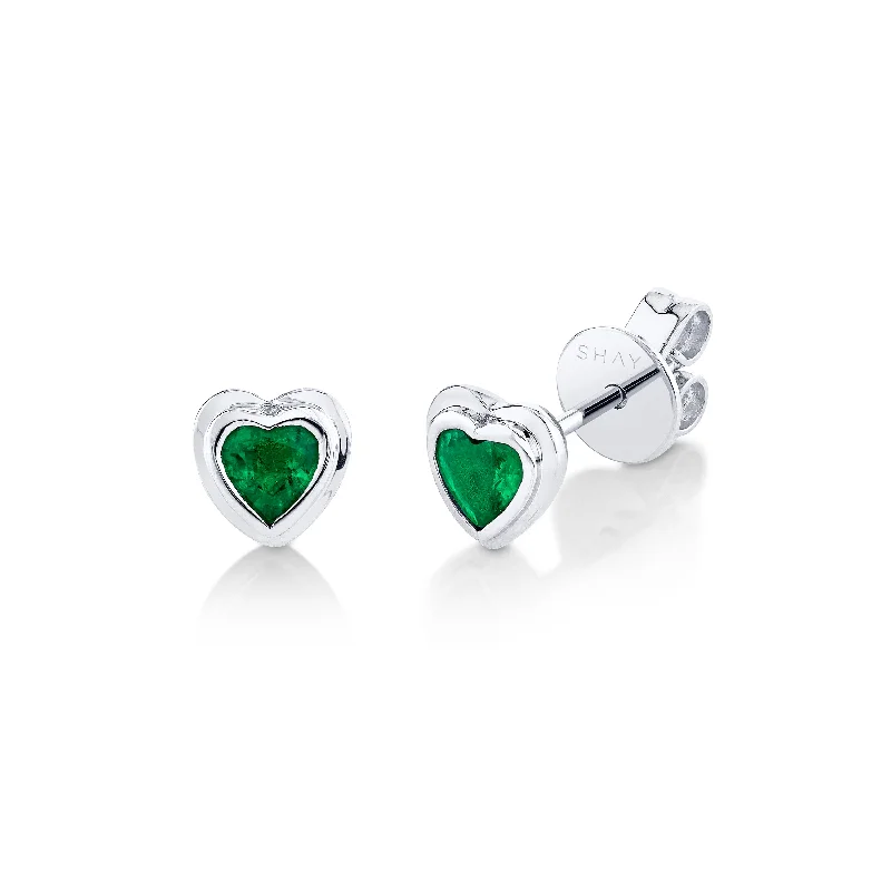 Natural gemstone earrings for women -EMERALD BEZEL HEART STUDS