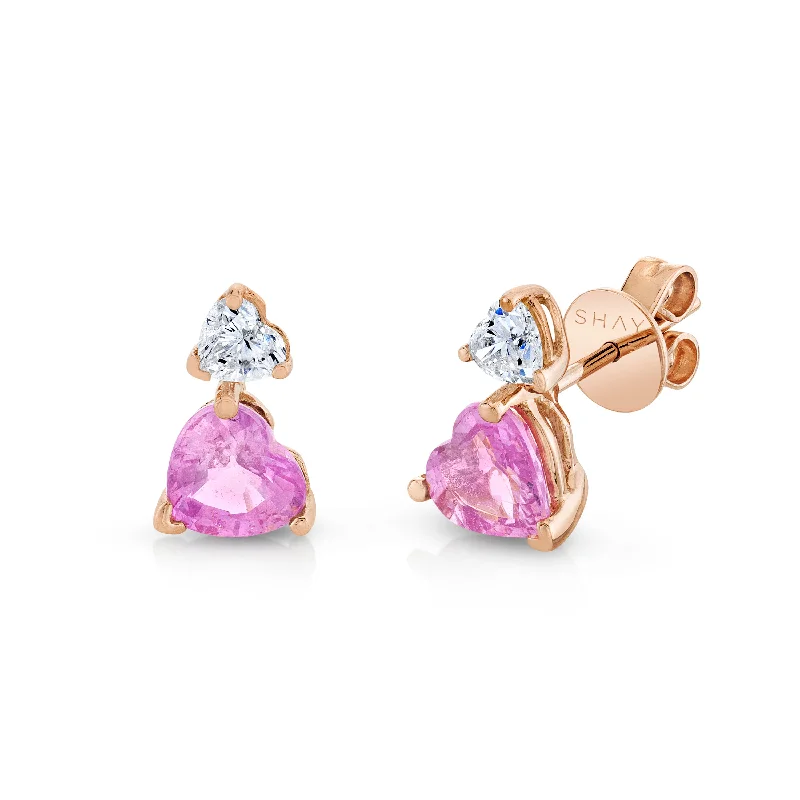 Minimal gold earrings for women -DIAMOND & PINK SAPPHIRE TWO STEP HEART STUDS