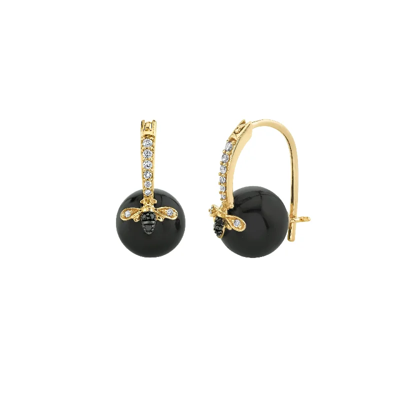 Modern earrings for women -Gold & Diamond Bee Onyx Earrings