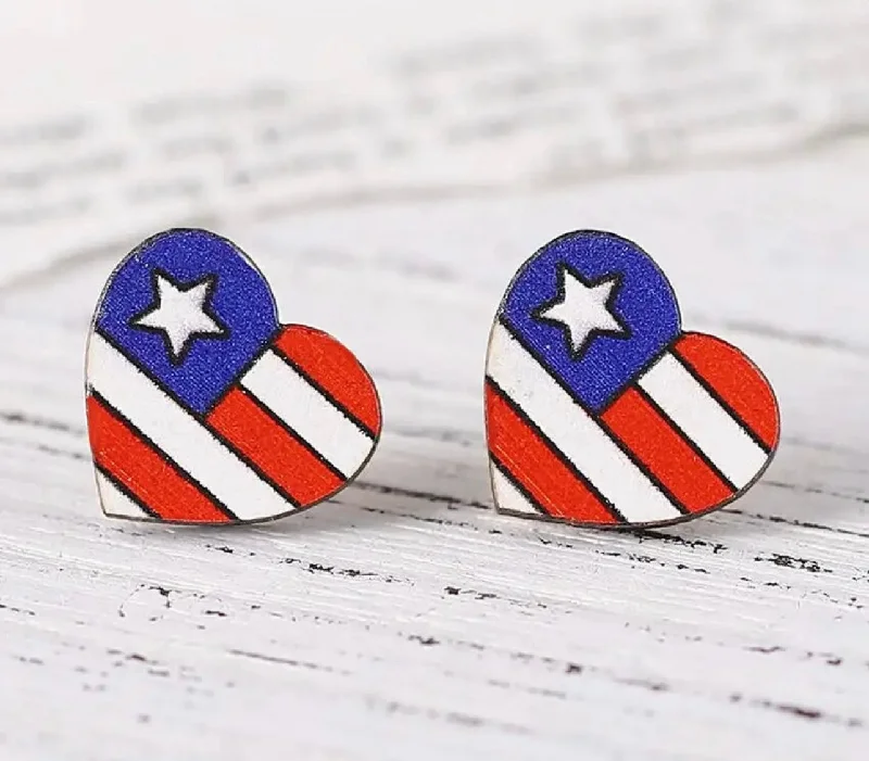 Geometric earrings for women -Beautiful Red, White, and Blue Wooden Heart Flag Earrings