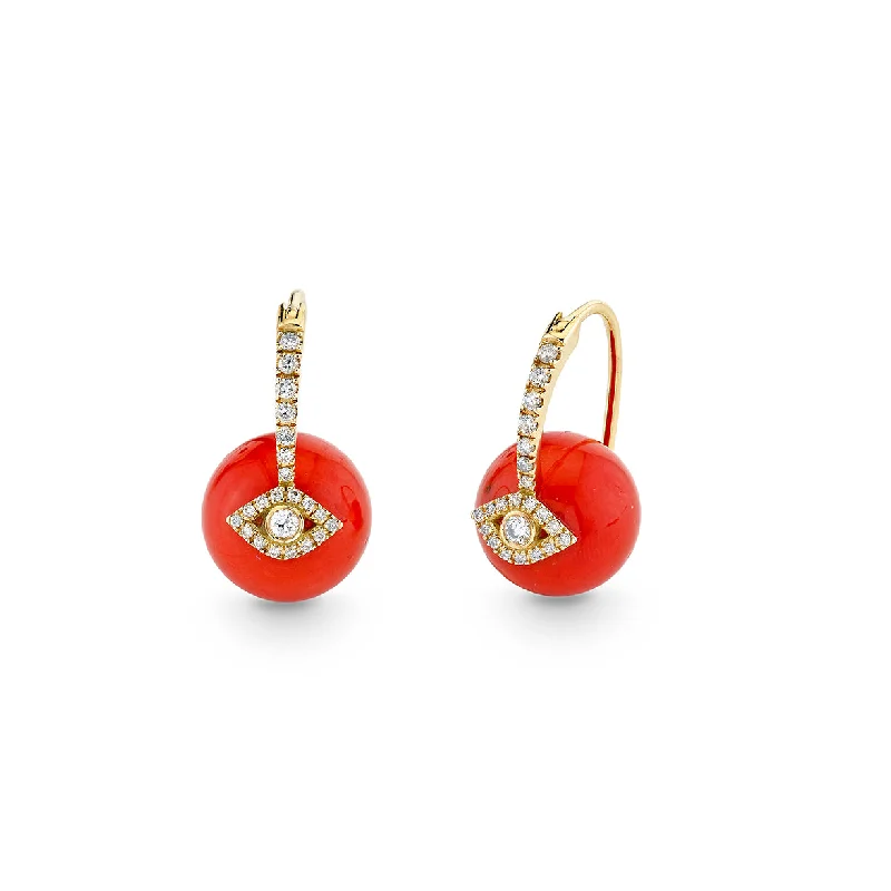 Gold stud earrings for women -Gold & Diamond Eye Red Coral Earrings