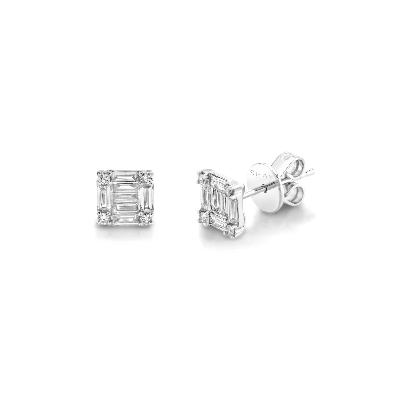 Black diamond earrings for women -READY TO SHIP DIAMOND SQUARE STACKED BAGUETTE STUDS