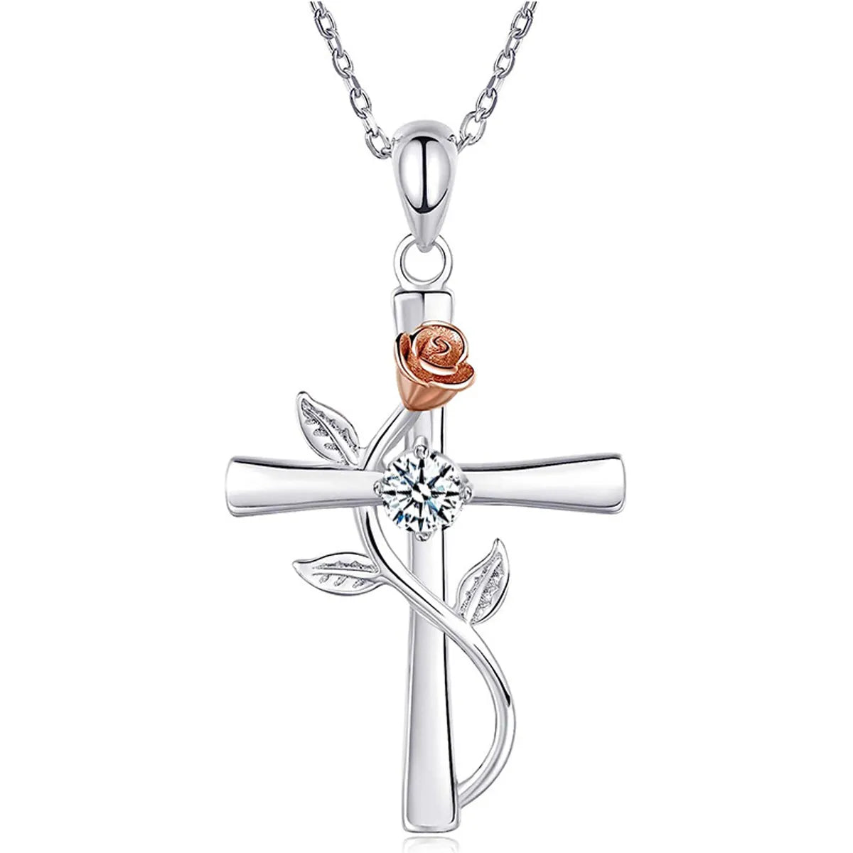 Elegant necklaces for women -Sterling Silver Elegant Simple Style Cross Rose Plating Pendant Necklace