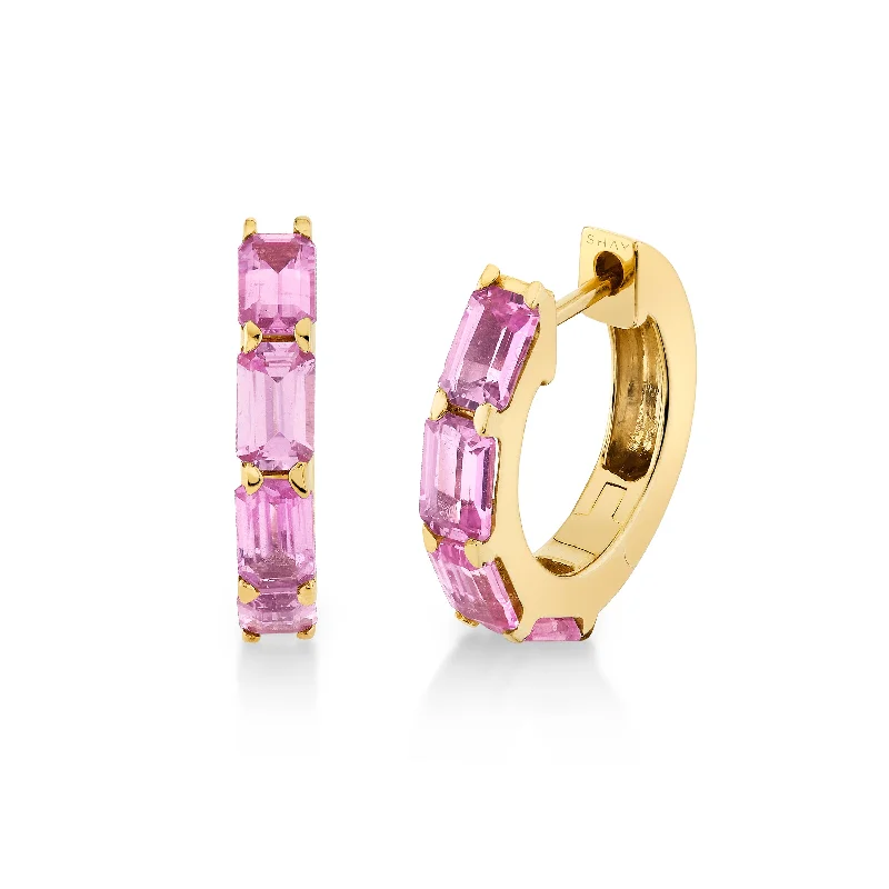 Unique earrings for women -PINK SAPPHIRE BEZEL HUGGIES