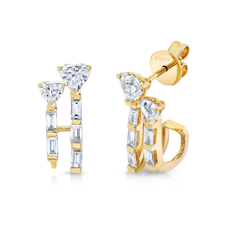 Trendy earrings for women -DIAMOND DOUBLE HEART & BAGUETTE STICK STUDS