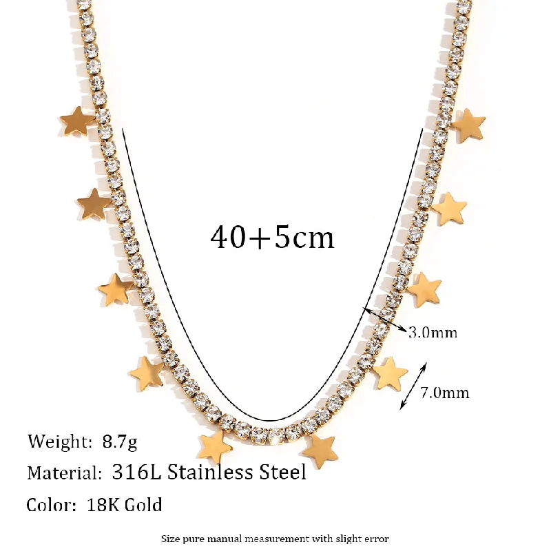 Five-Pointed Star Diamond Chain Necklace-Gold