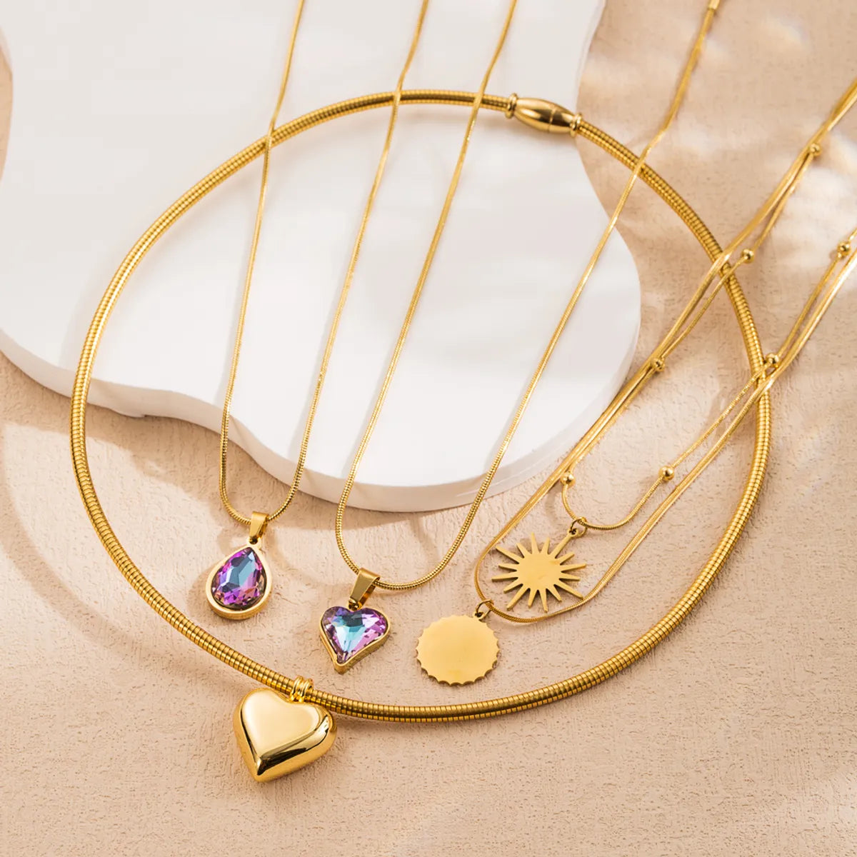 Birthstone necklaces for women -Elegant Simple Style Classic Style Heart Shape Stainless Steel Titanium Steel Plating Inlay Glass 24k Gold Plated Pendant Necklace