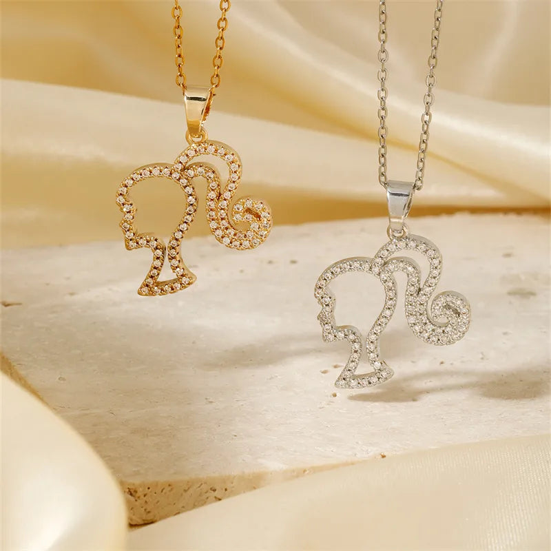 Sterling silver necklaces for women -304 Stainless Steel Copper K Gold Plated Rhodium Plated Cute Sweet Artistic Three-Dimensional Inlay Human Little Girl Zircon Pendant Necklace