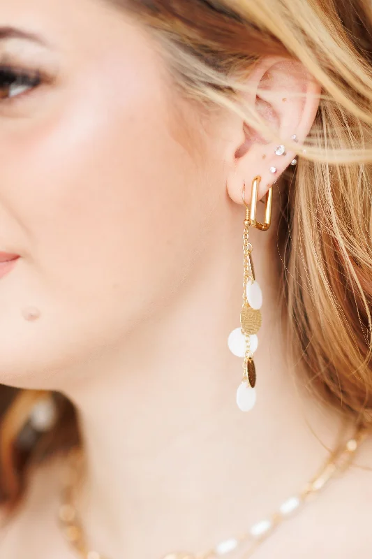 Layered earrings for women -Beautiful Gold and White Disc Drop Earrings