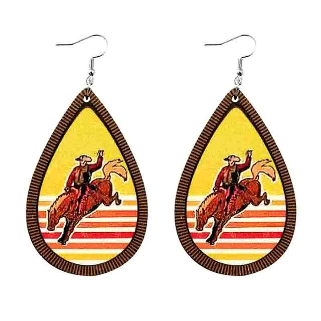 Double hoop earrings for women -Fun Retro Wood Rodeo Earrings