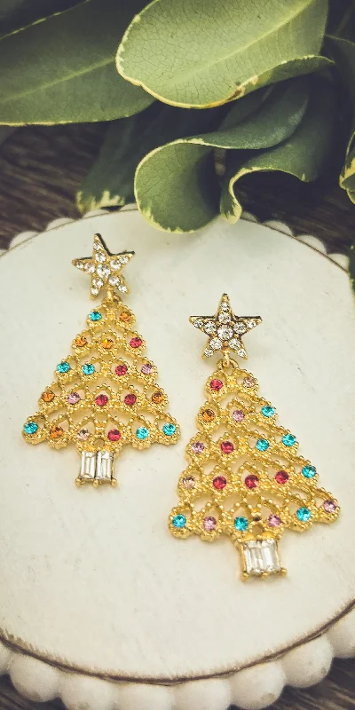 Layered earrings for women -Beautiful Gold and Crystal Christmas Tree Earrings