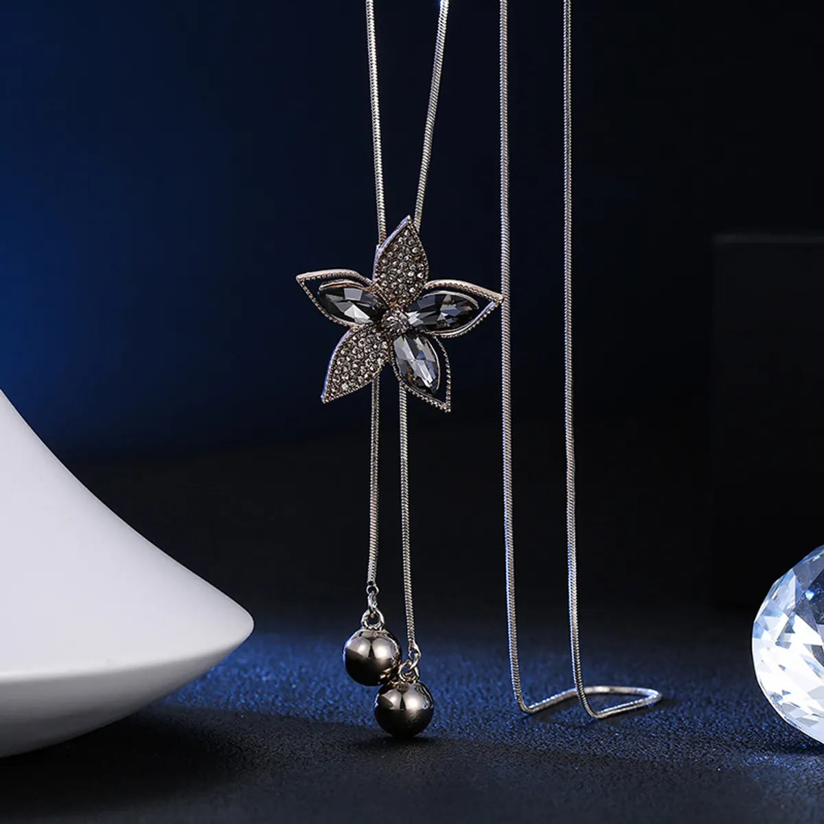 Sterling silver necklaces for women -Lady Flower Alloy Copper Inlay Rhinestones Women's Sweater Chain Long Necklace