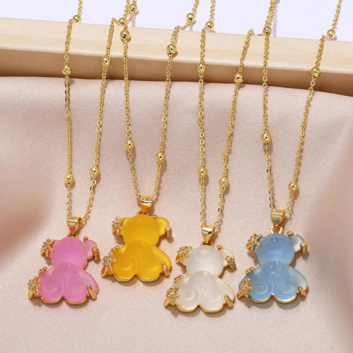 Luxury gold necklaces for women -Copper Gold Plated Cute Simple Style Bear Inlay Resin Zircon Pendant Necklace