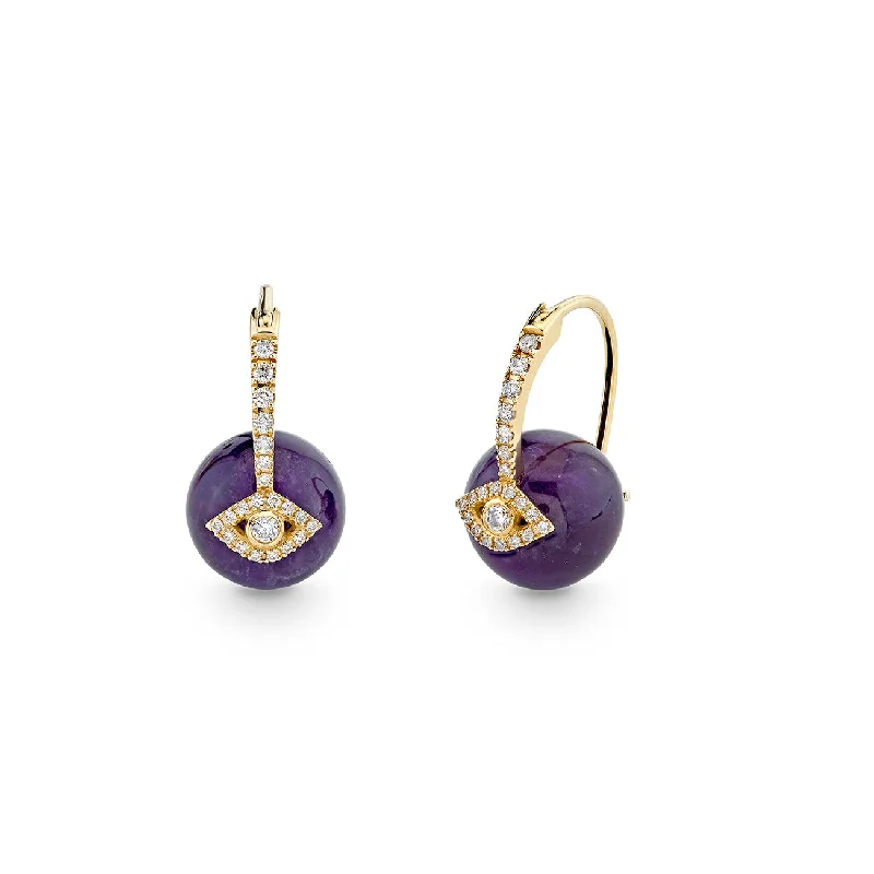 Gold dangle earrings for women -Gold & Diamond Eye Amethyst Earrings