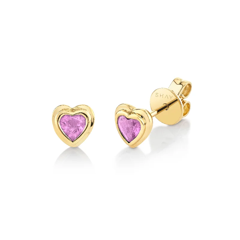 Round earrings for women -MINI ME PINK SAPPHIRE BEZEL HEART STUDS