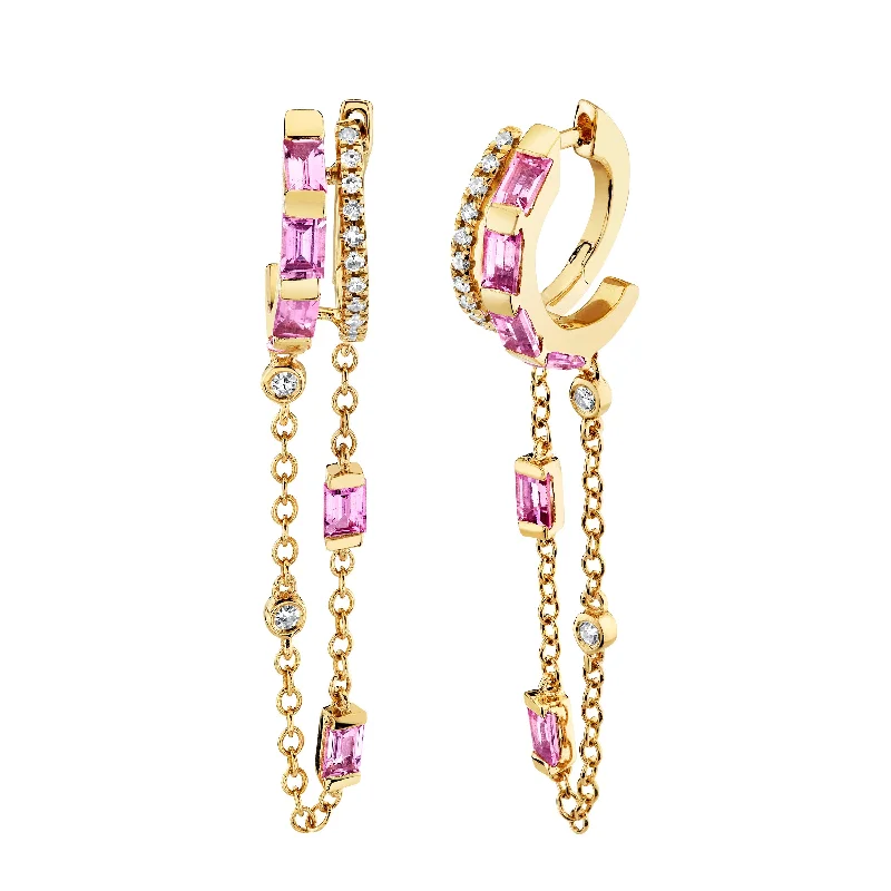 Simple earrings for women -READY TO SHIP PINK SAPPHIRE DOUBLE MIXED FRINGE HUGGIES