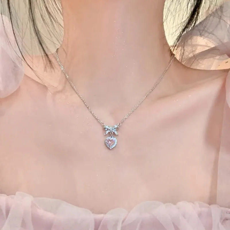 Double-layered necklaces for women -Titanium Steel Copper Simple Style Classic Style Inlay Heart Shape Bow Knot Rhinestones Pendant Necklace