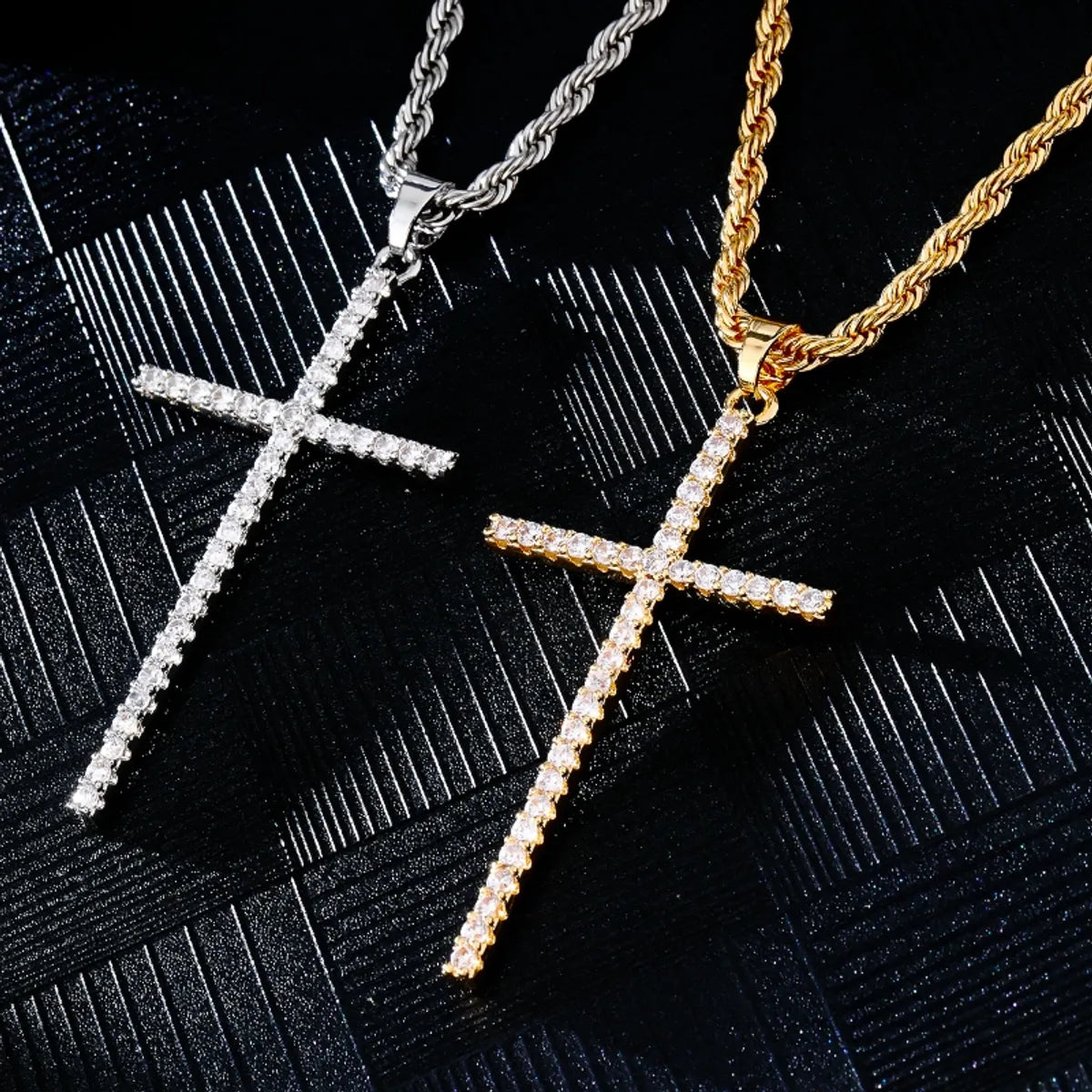 Chain link necklaces for women -Hip-Hop Simple Style Cross 304 Stainless Steel Copper Plating Inlay Zircon K Gold Plated Rhodium Plated Men'S Pendant Necklace