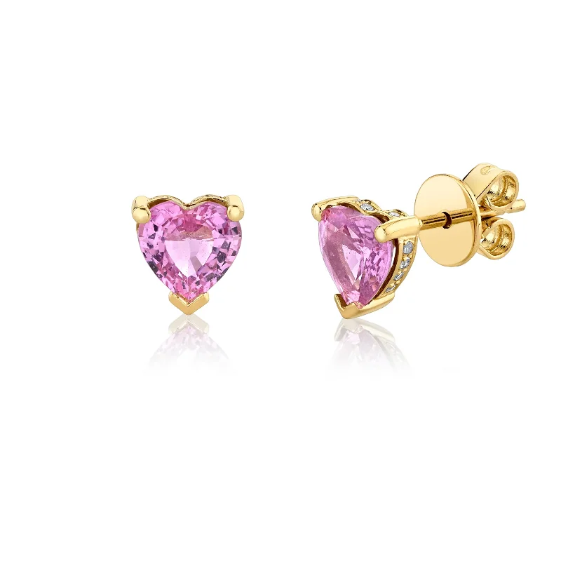 Hoop dangle earrings for women -PINK SAPPHIRE HEART HALO STUDS