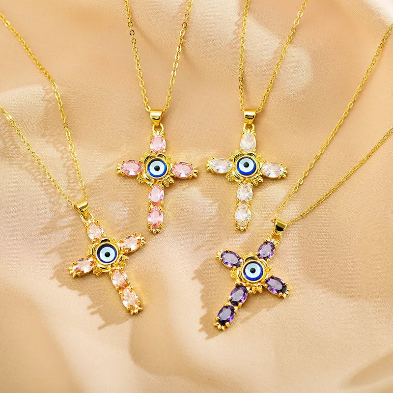 Personalized birthstone necklaces for women -Ethnic Style Cross Eye Alloy Copper Inlay Zircon Gold Plated Necklace