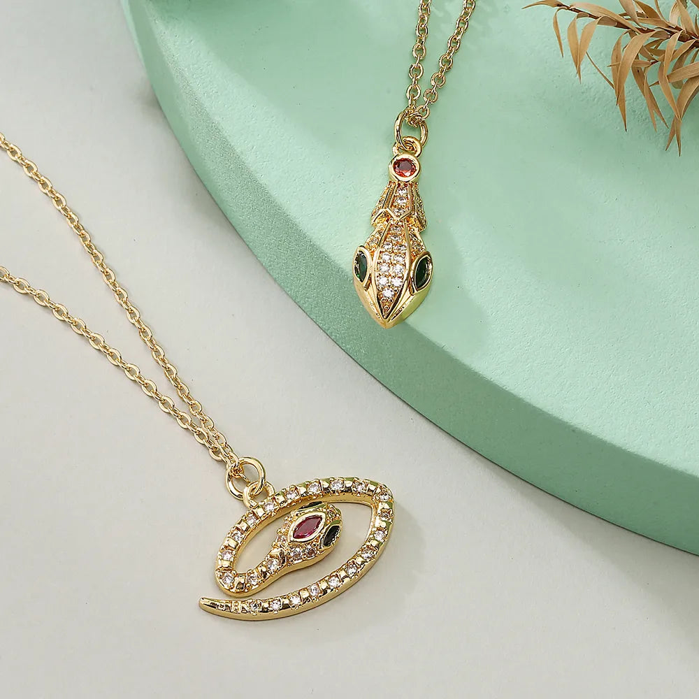 Modern necklaces for women -Simple Style Snake Copper Plating Inlay Zircon 18k Gold Plated Pendant Necklace